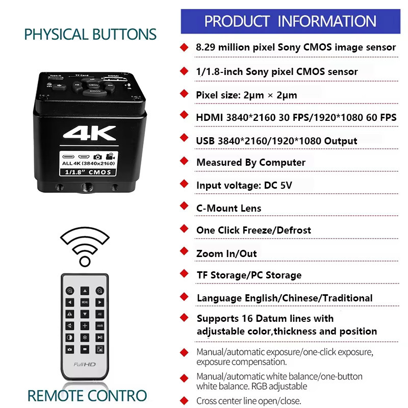 YIZHAN UHD 4K Elektronisches Videomikroskop mit 1/1.8'' Sensor, HDMI und USB, 1080P 60FPS, 215X Verstellbares Objektiv, Ringlicht, Standfuß und Fernbedienung, Schwarz - Bild 3