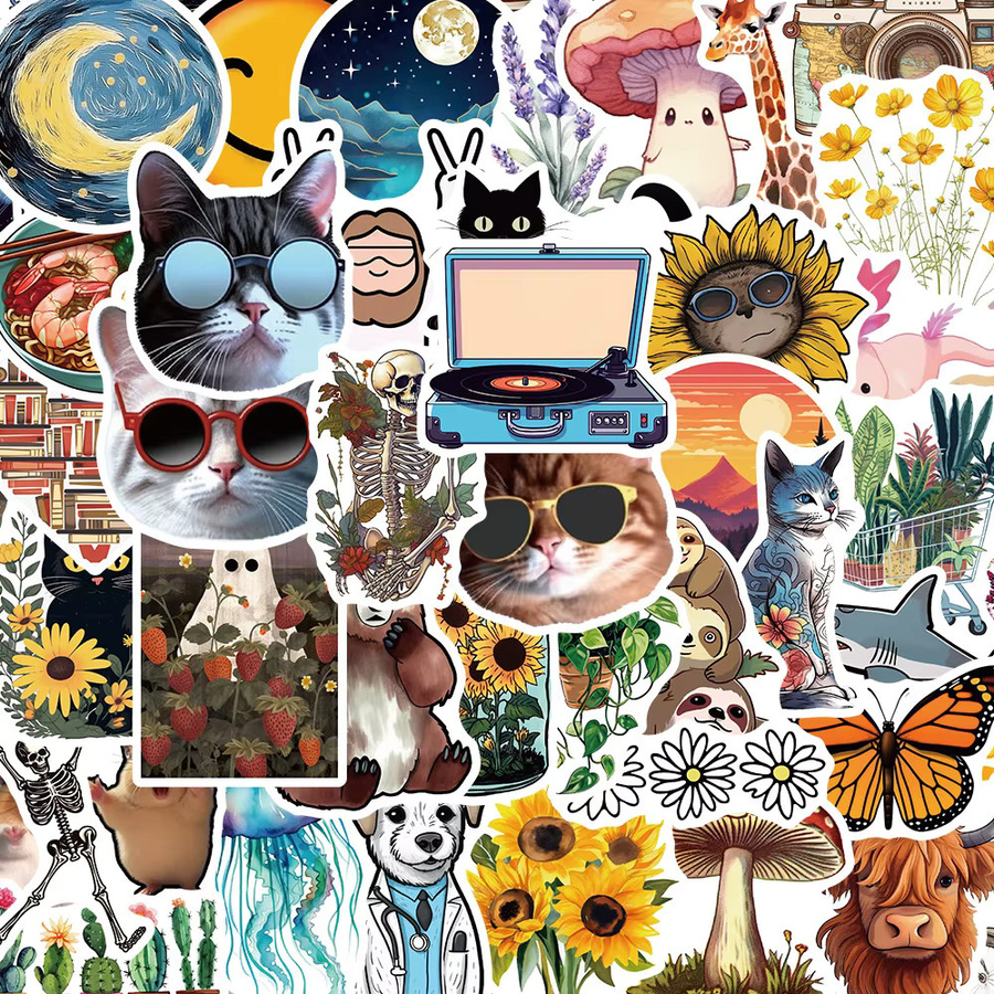 50 Stück Bunte Aufkleber im INS-Stil mit Katzen, Hunden, Tieren und Pflanzen von BulingBulingStickers für Laptop, Notebook und Handyhüllen - Bild 2