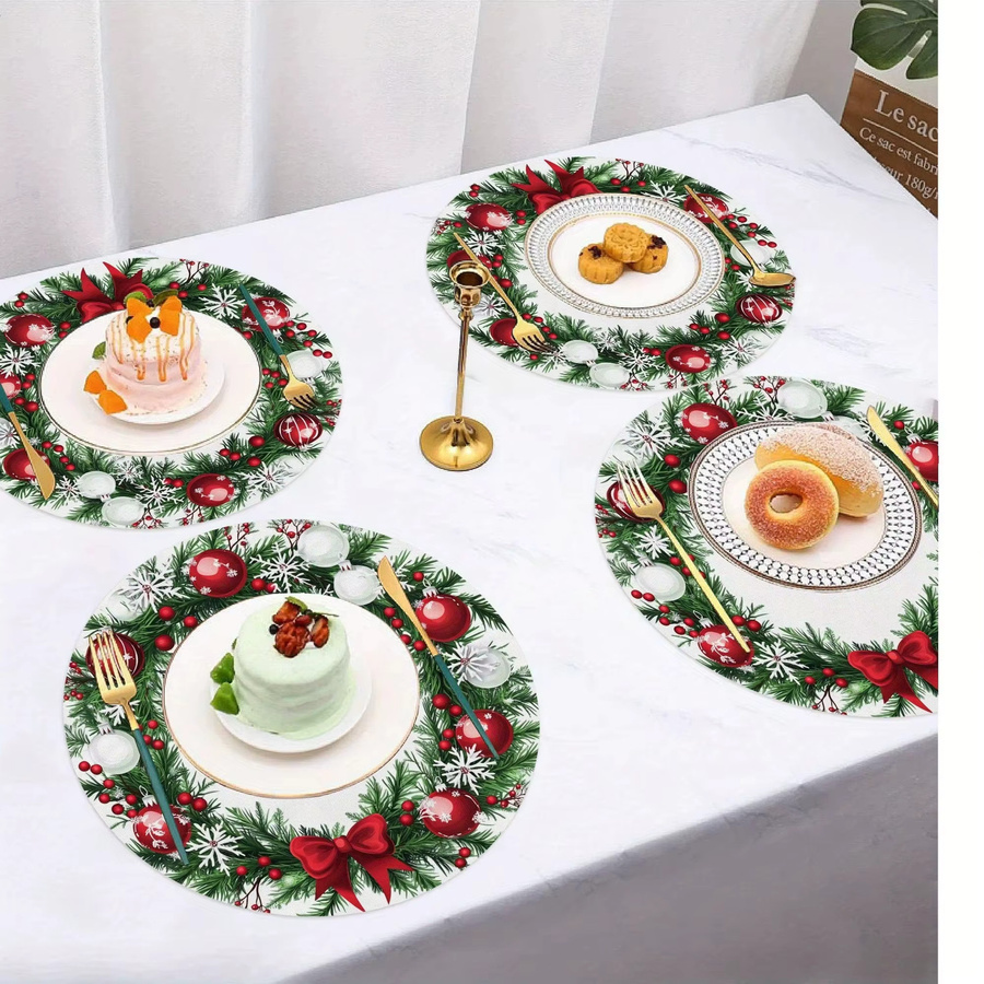 VIKAMA 4-teiliges Tischset mit weihnachtlichem Tannenzapfen-Beeren- und Schneeflockenmuster, wasserdicht und wärmeisolierend, Multicolor, Breite: 38 cm - Bild 2
