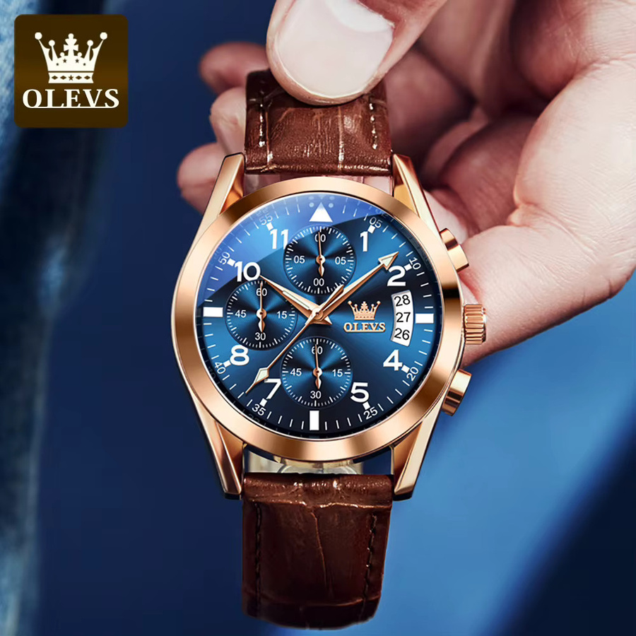 OLEVS Armbanduhr Quarz, Lederband, Blau, Herren - Bild 4