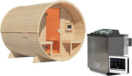 KARIBU Fasssauna Lauvas 2 in Braun mit 9 kW Bio-Ofen und externer Steuerung, B/T/H: 299 x 224 x 229 cm - Bild 1