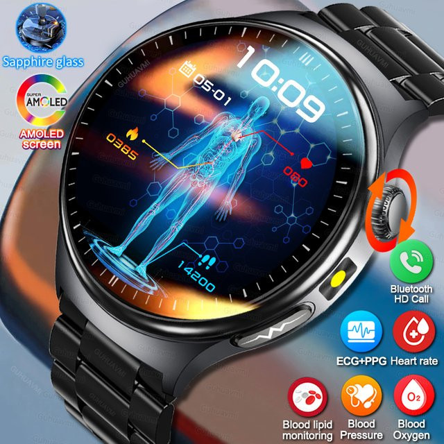 GUHUAVMI EKG Smartwatch mit Herzfrequenzmessung, Blutsauerstoffmessung und Bluetooth-Anruffunktion für Damen und Herren in Blau und Schwarz - Bild 1