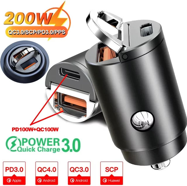 200W USB Auto Ladegerät mit USB-C Schnellladefunktion in Schwarz für iPhone, Samsung, Xiaomi und Huawei - Bild 1
