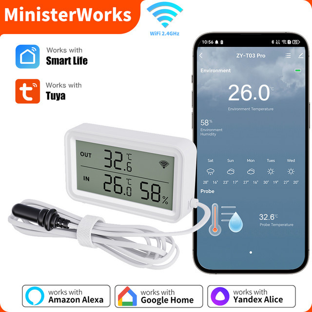 MinisterWorks Tuya WiFi Temperatur und Feuchtigkeit Sensor mit externer Sonde in Weiß, SmartLife und Alexa kompatibel - Bild 1