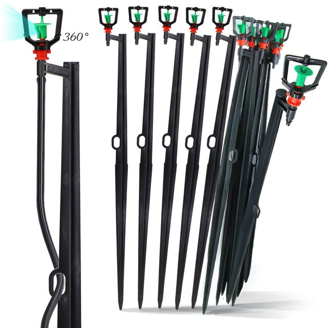 MUCIAKIE 10er Set 360-Grad-Düse Bewässerungssprinkler mit 55 cm Pfahl für 1/4 Zoll Schlauch in Schwarz für Garten und Gewächshaus - Bild 1