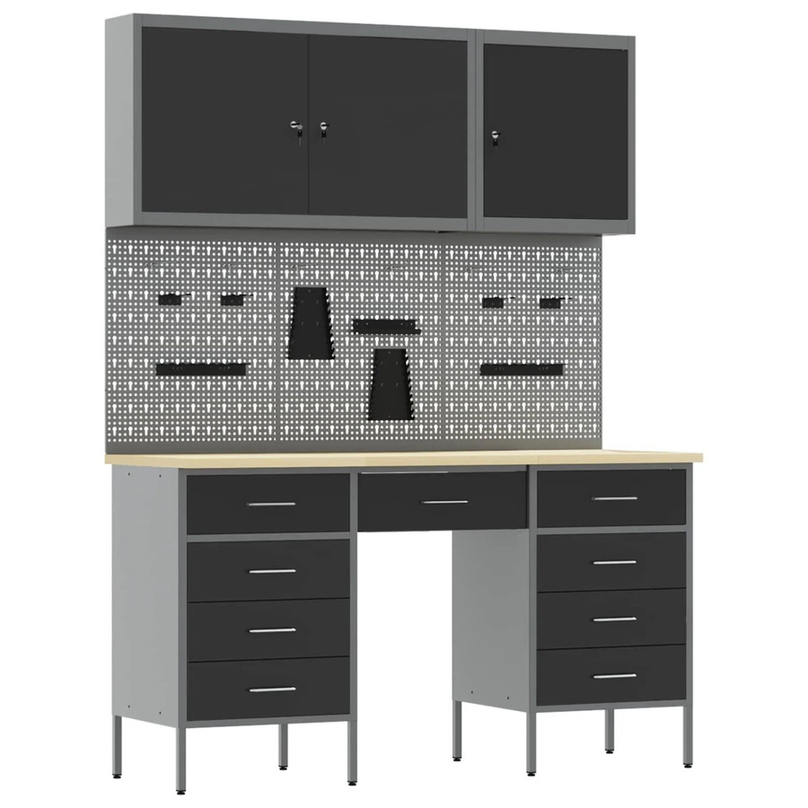 vidaXL Werkbank mit 8 Schubladen und Pegboard aus Holz und Stahl, Schwarz, B/T/H: 200 x 55 x 150 cm - Bild 2