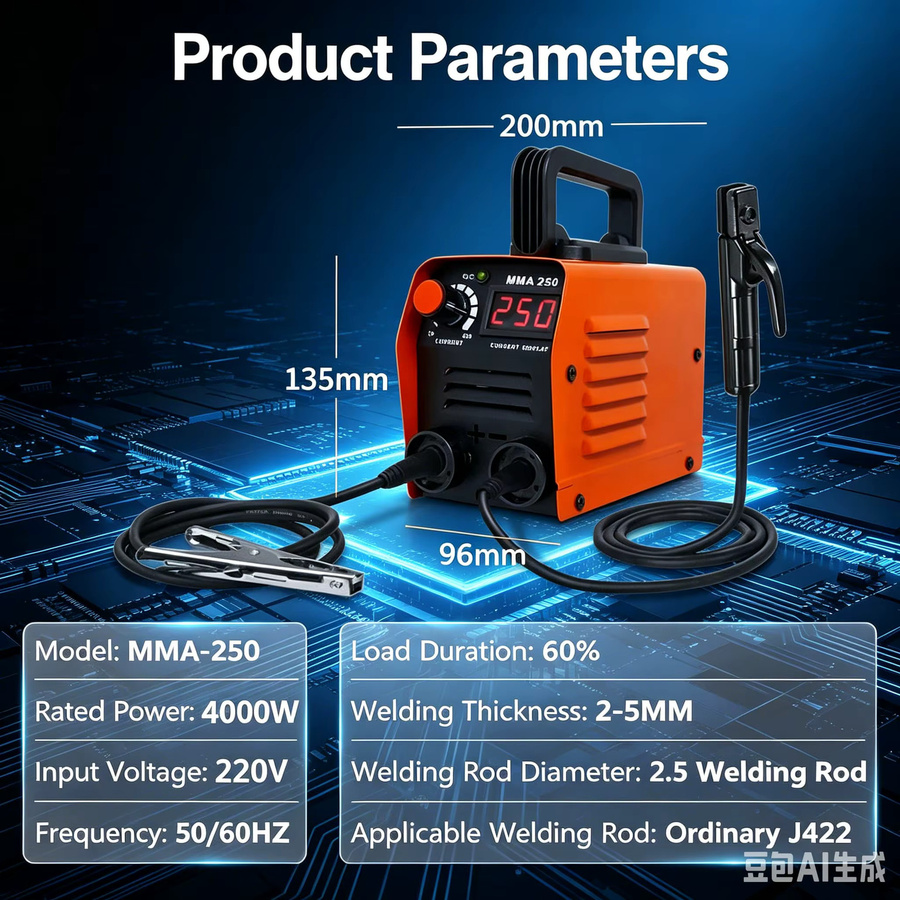 WUIETI Mini-Lichtbogenschweißgerät MMA-250, Tragbares IGBT-Inverter Elektroschweißgerät in Orange, 20-250A - Bild 7
