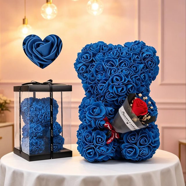 Uflower Teddybär mit blauer Rose aus Textil als dekoratives Geschenk für Valentinstag, Hochzeit oder Geburtstag - Bild 1