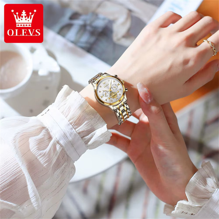 OLEVS Armbanduhr Chronograph, Quarz, Edelstahl, Damen, Weiß - Bild 2