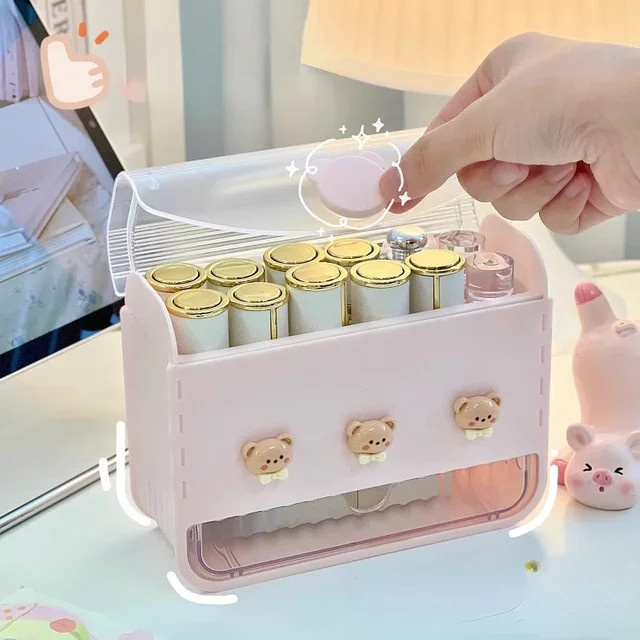 Kosmetik Organizer für Lippenstift als staubdichter Aufbewahrungsbehälter für den Schminktisch in Weiß oder Pink aus Kunststoff - Bild 1