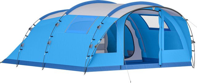 Outsunny Familienzelt für 4 Personen, faltbares Tunnelzelt mit 3 Räumen, Vordach und 4 Fenstern, wasserdicht, Blau - Bild 1