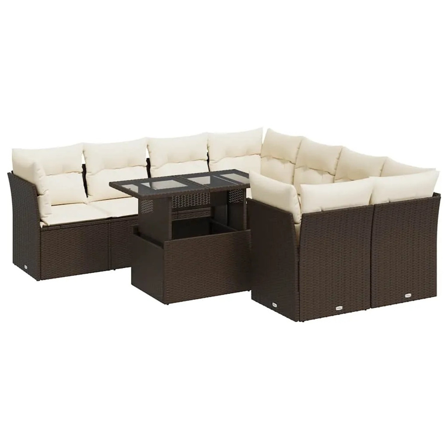 vidaXL 9-teilige Garten-Sofagarnitur aus Poly-Rattan in Braun mit Kissen und Glastisch - Bild 2