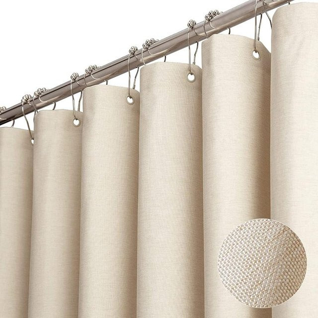 Wasserdichter Duschvorhang aus Leinen von WHQ Home Decoration in Beige mit silbernen Metallhaken, B: 200 cm, H: 200 cm - Bild 1