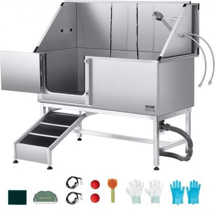 VEVOR Hundewaschstation aus Edelstahl in Silber mit Rampe, Wasserfilterplatte, Wasserhahn, Duschkopf und Seifenhalter für Haustiere, B/T/H: 150 x 70 x 149,5 cm - Bild 1