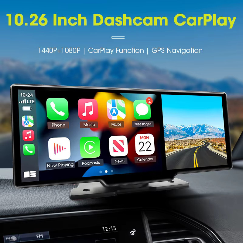 Jansite 4K Dashcam mit 10,26 Zoll Display, Auto-DVR mit Wireless CarPlay und Android Auto, GPS, Bluetooth 5.0, WLAN und Nachtsicht in Schwarz - Bild 2