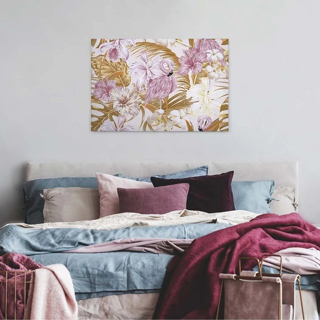 Bricoflor Leinwandbild Flamingo und Hibiskus in Gold und Rosa im modernen tropischen Hawaii-Stil - Bild 1