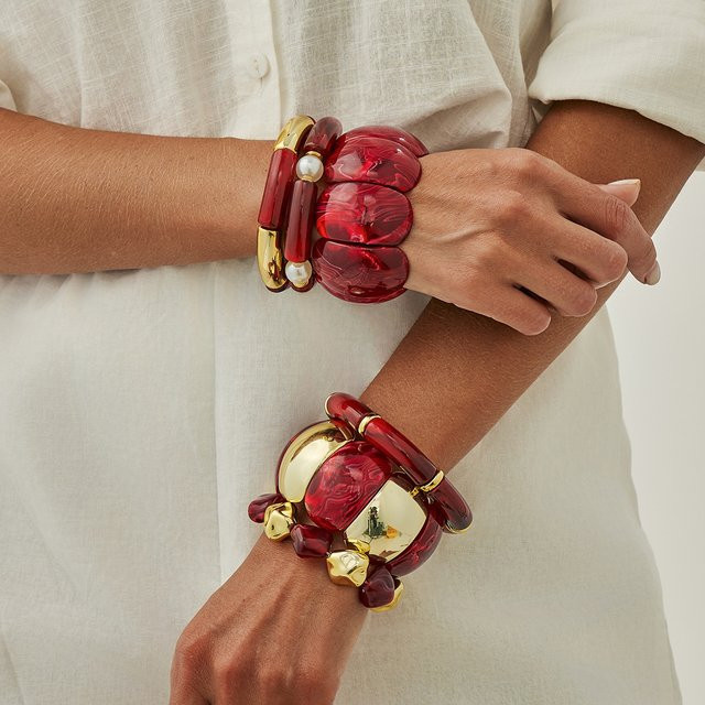 Salircon Armbänder, Rot, Perle, Metall, Damen, Vintage - Bild 1