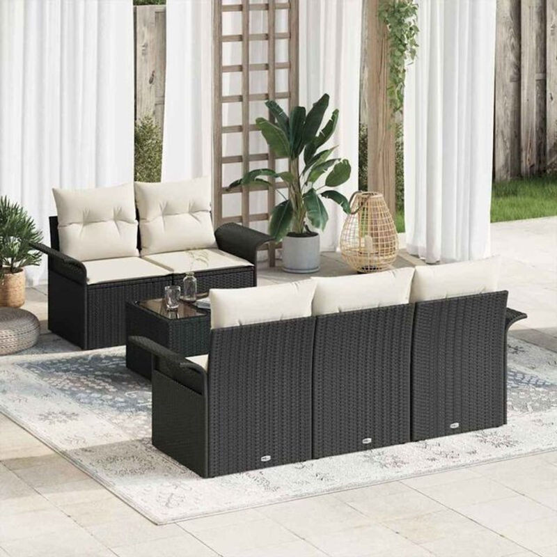 Vidaxl Garten-Sofa-Set mit 6 Kissen in Schwarz und Creme, modernes Rattan-Design mit Metall und Glas, B/T/H: 55 x 55 x 37 cm - Bild 1