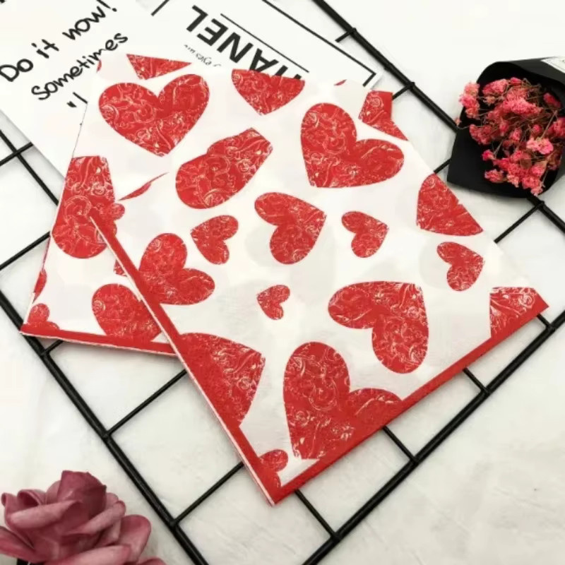 GUANYAO Herzförmige Servietten mit floralem Muster in Bunt und Rot, 20 Stück aus Papier für Hochzeit und Valentinstag - Bild 4
