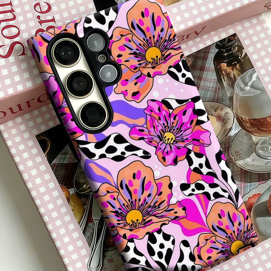 Stoßfeste Doppelschicht Handyhülle im Pop-Art Blumen-Leoparden-Design für Samsung Galaxy S25 Ultra, S24, S23 Ultra und S23 Plus, Multicolor - Bild 4