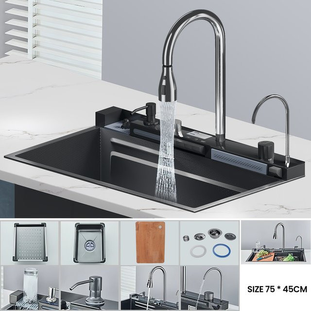 WUIETI Küchenspüle aus Edelstahl in Schwarz mit integriertem Einzelbecken, Wasserfallarmatur und digitaler Temperaturanzeige inklusive Seifenspender und Zubehör - Bild 1