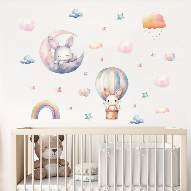 BRUP Wandaufkleber Kaninchen mit Luftballons in Mehrfarbig für Kinderzimmer und Wohnzimmer - Bild 1