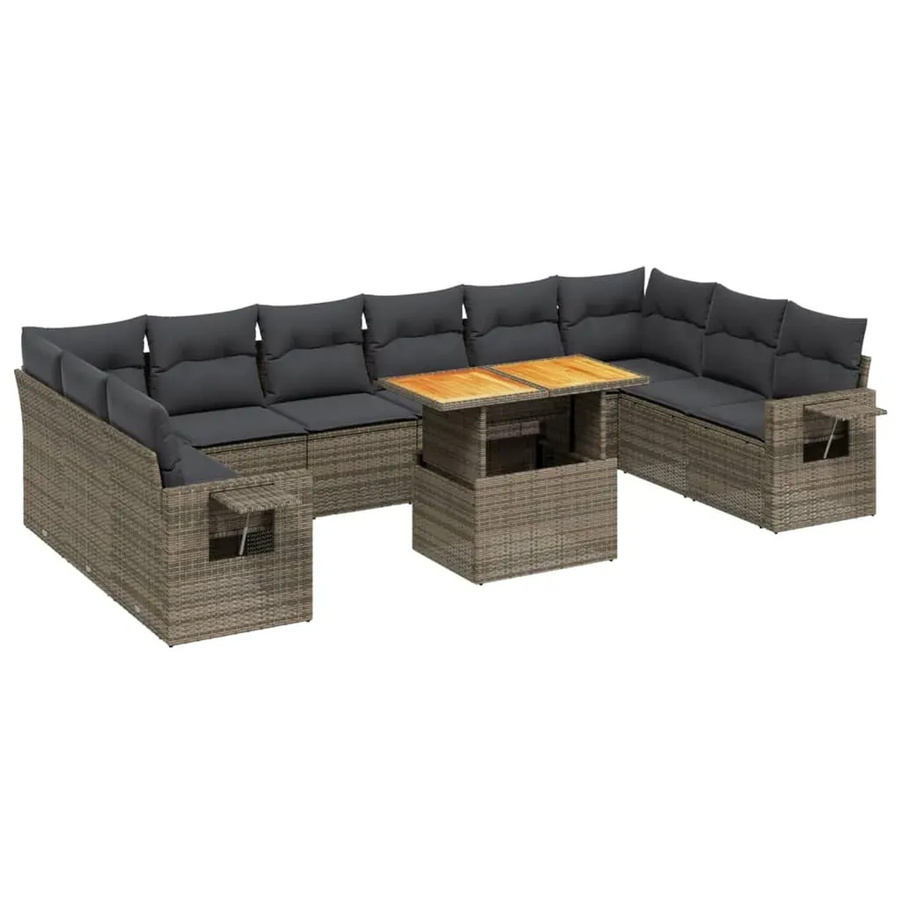 vidaXL 11-tlg. Garten-Sofagarnitur in L-Form aus Polyrattan und Akazienholz mit Kissen in Grau - Bild 2