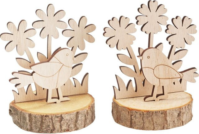 VBS Holzsteckmotiv Vögel und Blumen auf Rindenholz in Beige - Bild 1