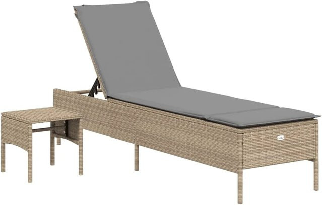 vidaXL Sonnenliege aus Poly Rattan mit Tisch und Auflage in Beige - Bild 1