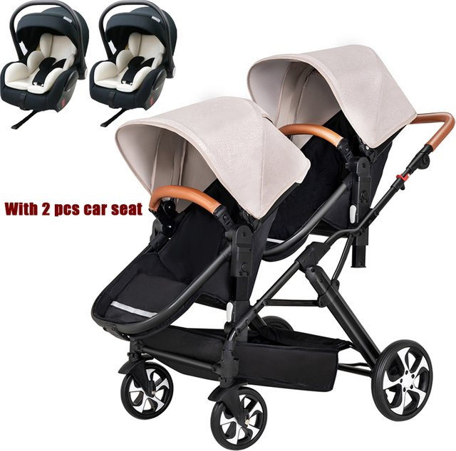 Warm house 3-in-1 Zwillings-Kinderwagen mit Autositz für zwei Kinder, faltbar und stoßdämpfend, Beige - Bild 1