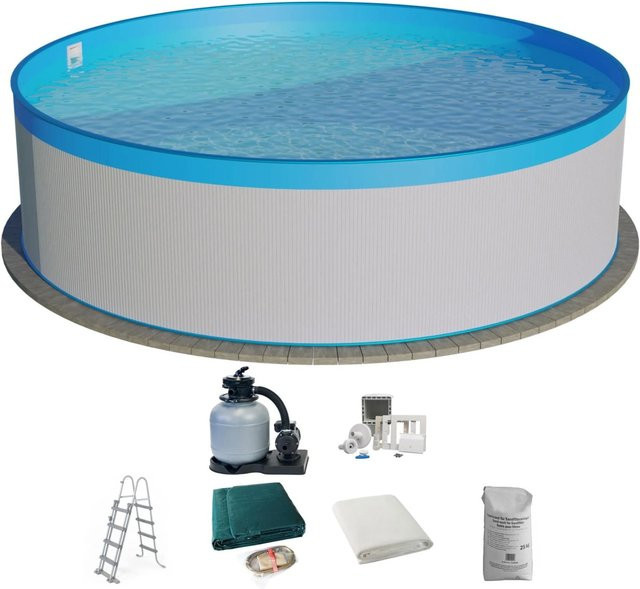 Waterman Stahlwandpool Set 8-teilig Rund in Weiß und Blau, Durchmesser: 450 cm, Höhe: 90 cm - Bild 1