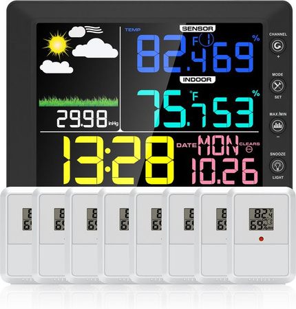 Urageuxy Digitale Wetterstation 2025 mit 8,3 Zoll Farb-Touchscreen, kabelloses Thermometer mit 3-in-1-Sensor für Innen und Außen sowie Taupunktmonitor, Schwarz