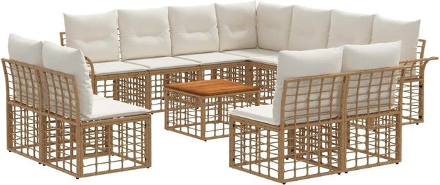 vidaXL Outdoor-Sofagarnitur in U-Form mit 12-teiligem Set aus Akazienholz und cremeweißem Polyester, bestehend aus Eckelementen, 2-Sitzer-Sofas, Ottomanen und einem Couchtisch, Farbe: Natur und Cremeweiß - Bild 1