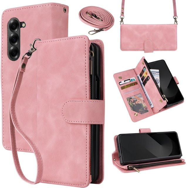 Premium Leder Business Handyhülle für Samsung Galaxy Z Fold 7 6 5 4 3 mit Reißverschluss und Kartenfächern in Pink - Bild 1