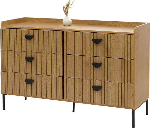 MCW Highboard Kommode O39 mit 6 Schubladen in Natur mit Lamellen-Design, B/T/H: 80 x 44 x 120 cm - Bild 1