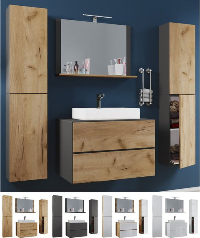 VCM Badmöbel Set Lendas 5-teilig mit Waschplatz und Keramikwaschbecken in Eiche, B/T/H: 60 x 52 x 52 cm - Bild 3