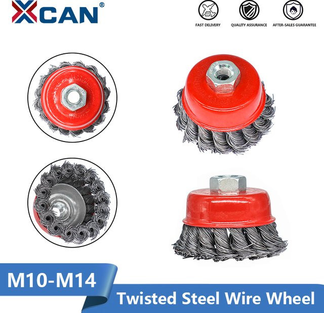 XCAN Drahtbürste Twisted Steel Wire Wheel für Winkelschleifer mit M10-M14 Gewinde zum Entgraten und Entfernen von Farbe auf Metall, Rot - Bild 1