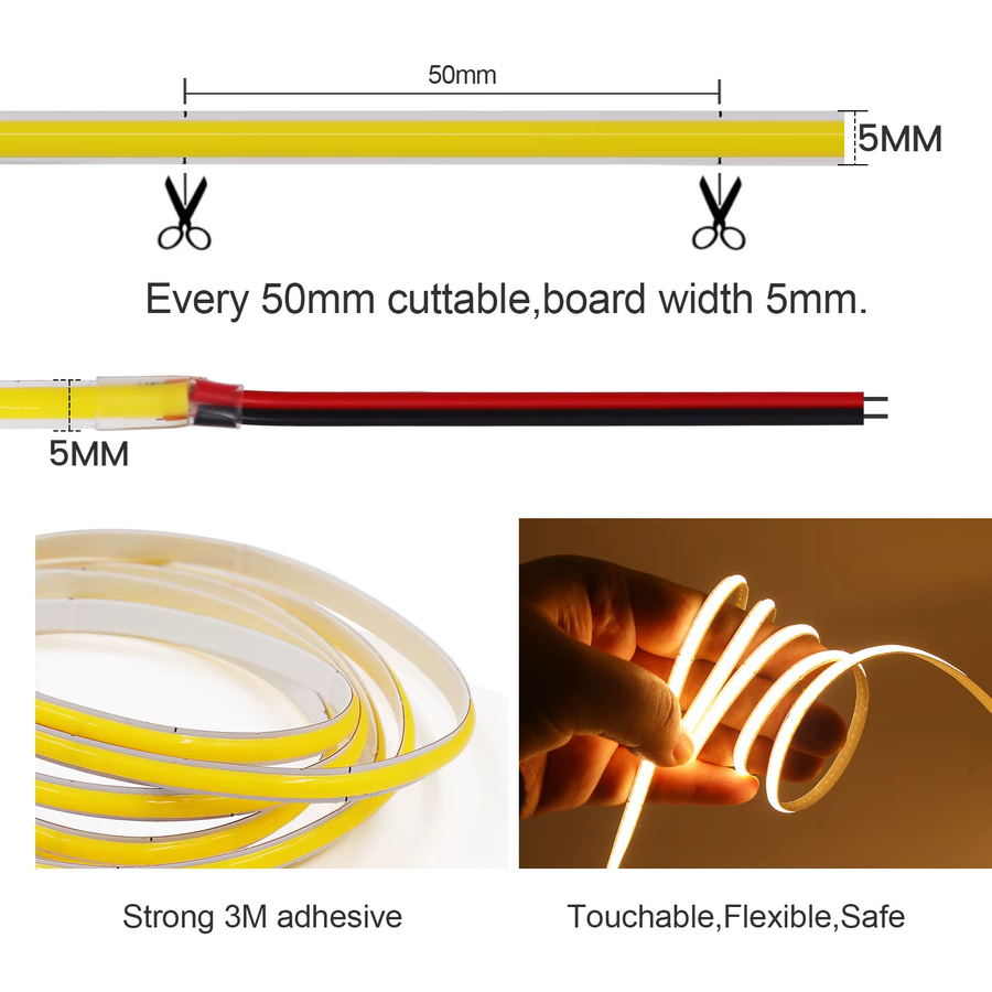 GAHADA COB-LED-Streifen flexible lineare Lichtleiste mit hoher Dichte, 320 LEDs/m, 5 mm Breite, DC 5 V 12 V, Farben: Weiß, Rot, Grün, Blau - Bild 2