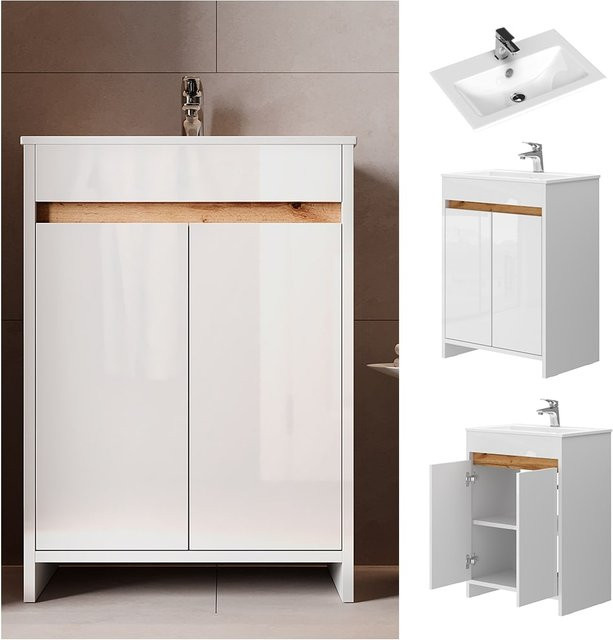 Vicco Badmöbel-Set Lemgo Waschbecken mit Unterschrank in Weiß Hochglanz, Breite: 60 cm - Bild 1