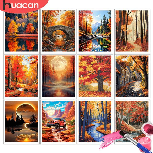 HUACAN Malen-nach-Zahlen-Set Herbstlandschaft mit Wald und Bäumen auf Leinwand, Mehrfarbiges DIY Wandbild zur Heimdekoration - Bild 1