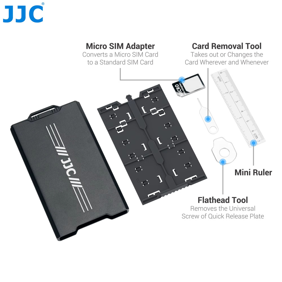 JJC Speicherkartenetui in Schwarz mit 18 Steckplätzen und Pop-up-Design für SD, MicroSD/TF und Nano-SIM/NM-Karten inklusive Karabiner - Bild 3