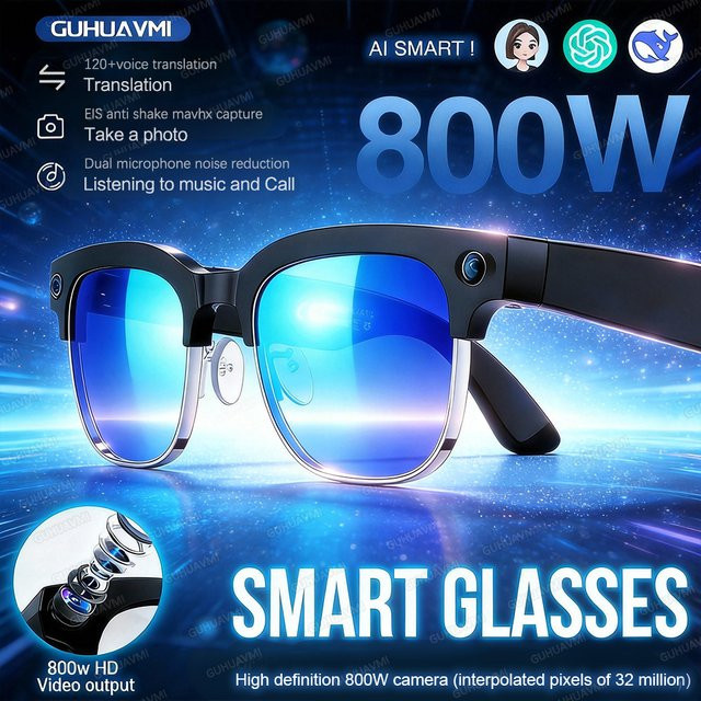 GUHUAVMI Smart-Brille mit 1080P Kamera, KI-Fotoerkennung, Bluetooth-Anrufe und Sprachübersetzung, Schwarz, Unisex - Bild 1