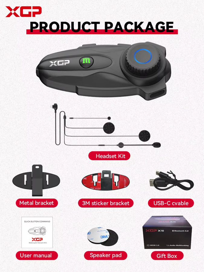 XGP-X10 Bluetooth-Motorrad-Gegensprechanlage für 10 Fahrer, kabelloses Helm-Kommunikationsgerät mit Bluetooth 5.3, Schwarz - Bild 5