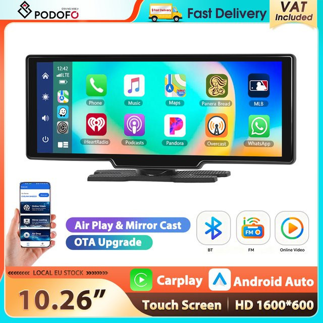 Podofo Smart Screen Player mit 10,26 Zoll Touchscreen, CarPlay, Android Auto, Airplay Mirror Cast und Bluetooth in Schwarz - Bild 1