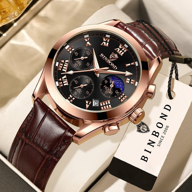 BINBOND Armbanduhr, Chronograph, Quarz, Leder, Schwarz, Roségold, Herren - Bild 1