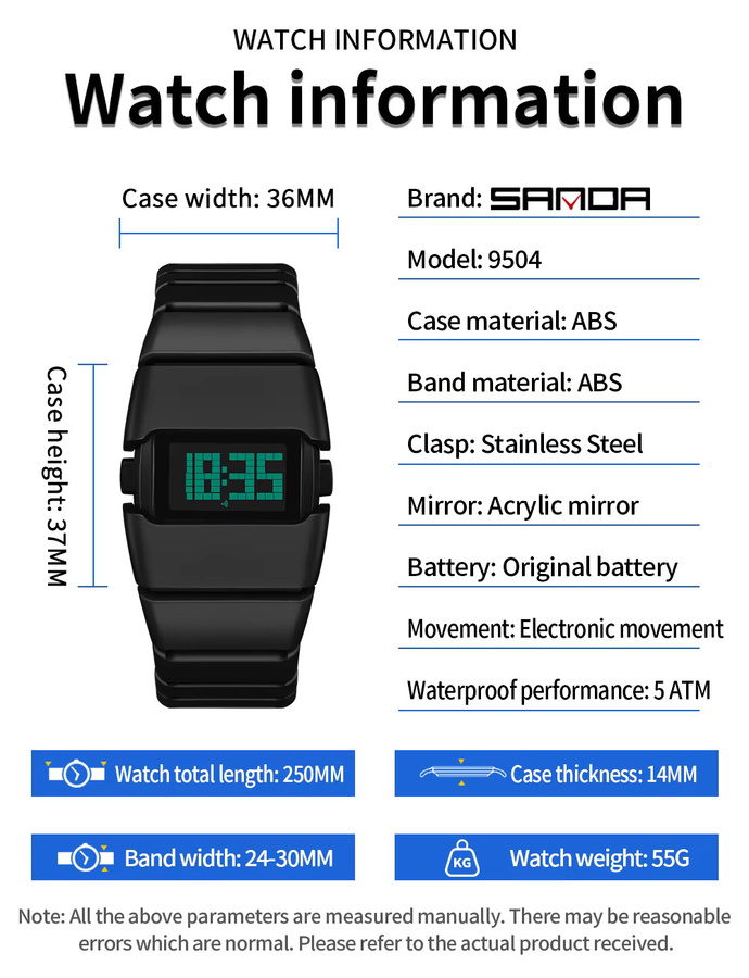 SANDA Digitaluhr, Schwarz, Kunststoff, 5 ATM, Unisex - Bild 2