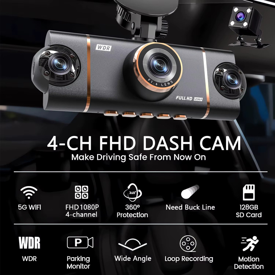 OMGO 4-Kanal 360-Grad Dashcam mit Wi-Fi, 1080P Auto-DVR und Rückfahrkamera, Schwarz - Bild 3