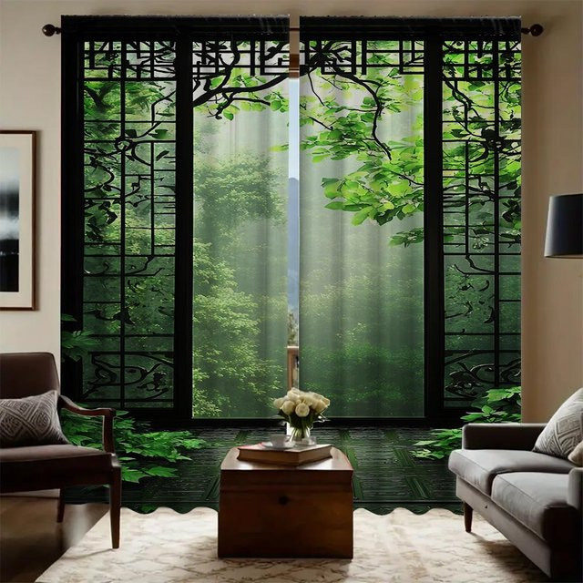 2er-Set Bambuswald Fenstervorhänge mit Landschaftsmotiv, semi-transparent, Polyester, Breite: 100 cm, Höhe: 130 cm - Bild 1