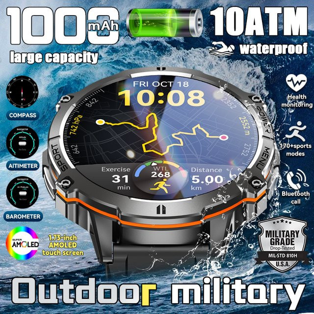 GUHUAVMI Militär-Smartwatch für Herren in Silber mit 1000mAh Akku, 10ATM Wasserdichtigkeit, Bluetooth-Anruf, Kompass, Höhenmesser und Barometer - Bild 1