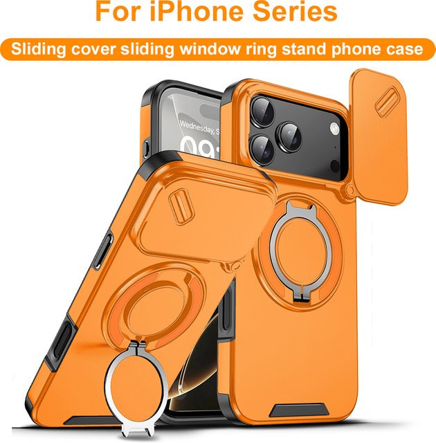Stoßfeste magnetische iPhone Schutzhülle mit Ring-Ständer und Kamera-Flip-Schutz für Apple iPhone 17 Pro Max 16 15 14 13 12 11 Plus in Rot und Orange - Bild 1